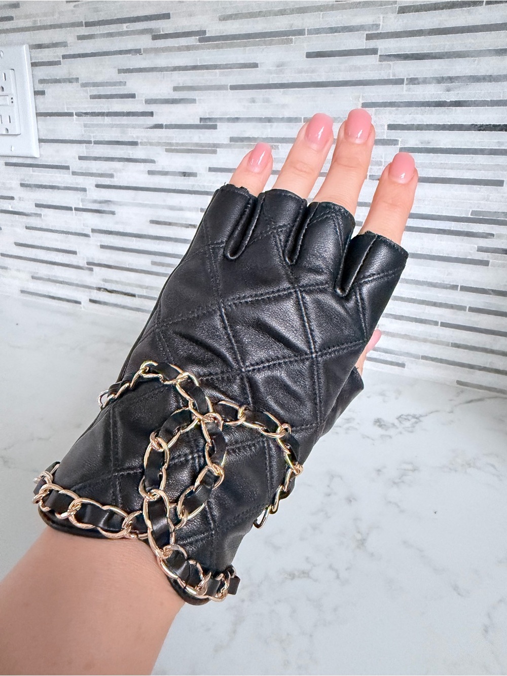 Inspired Black Quilted Fingerless Leather Gloves with Gold Chain Accent